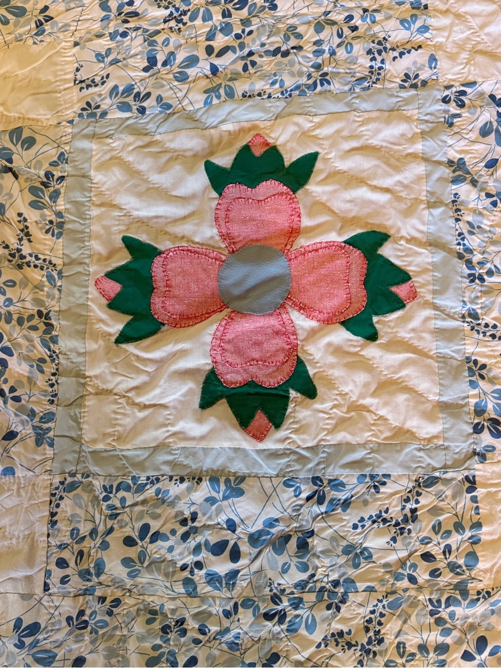 Vintage 67x86 Cottage Core Handmade Blue Floral with Pink Dogwood Center Quilt
